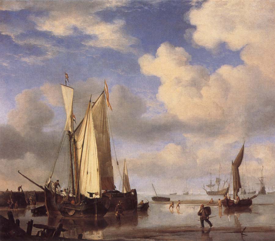 Dutch Vessels Close Inshore at Low Tide,and Men Bathing